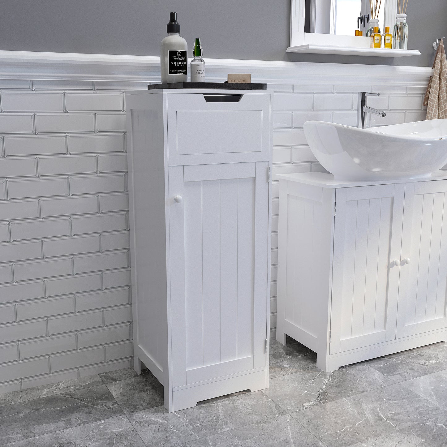 Simple Bathroom Cabinet, White Color, Single Raw, Drawer, and Door