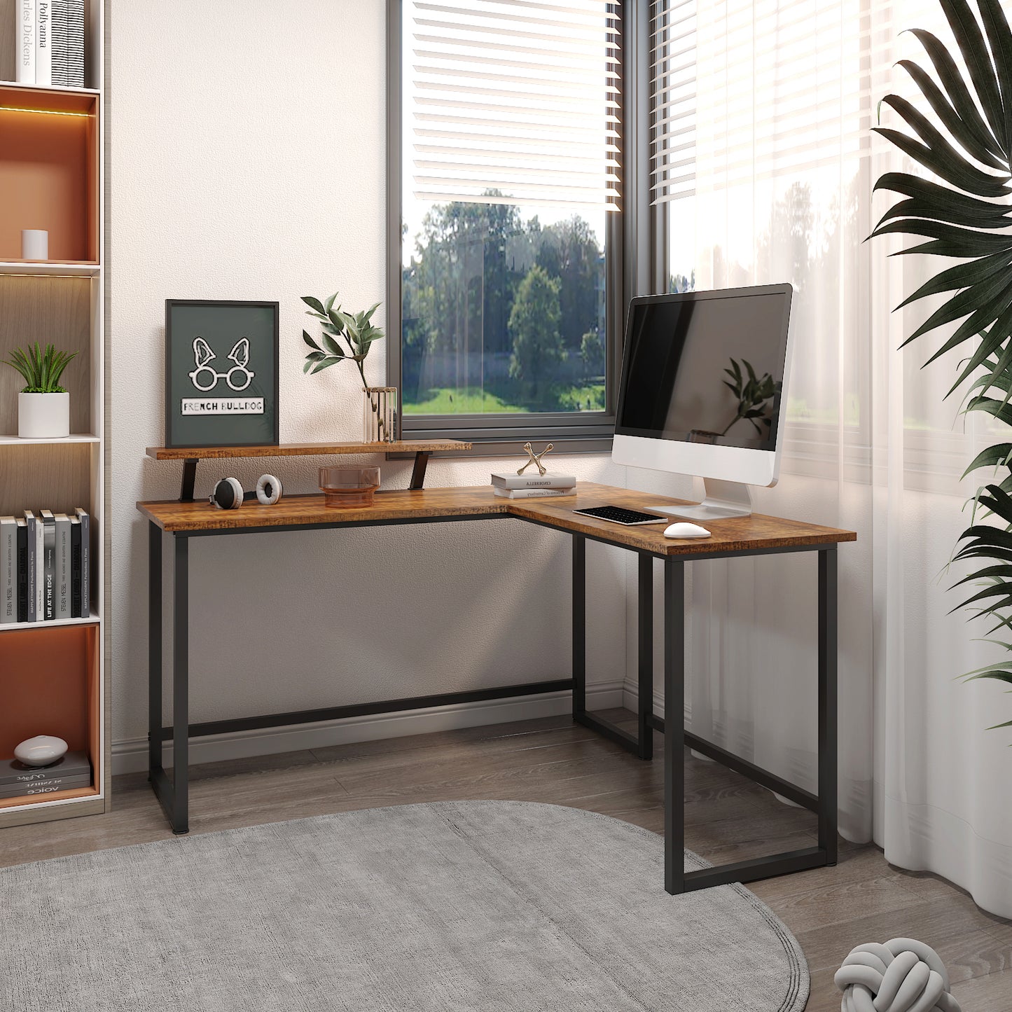 Retro Industrial Computer Table£¬L-shaped, with Monitor Stand