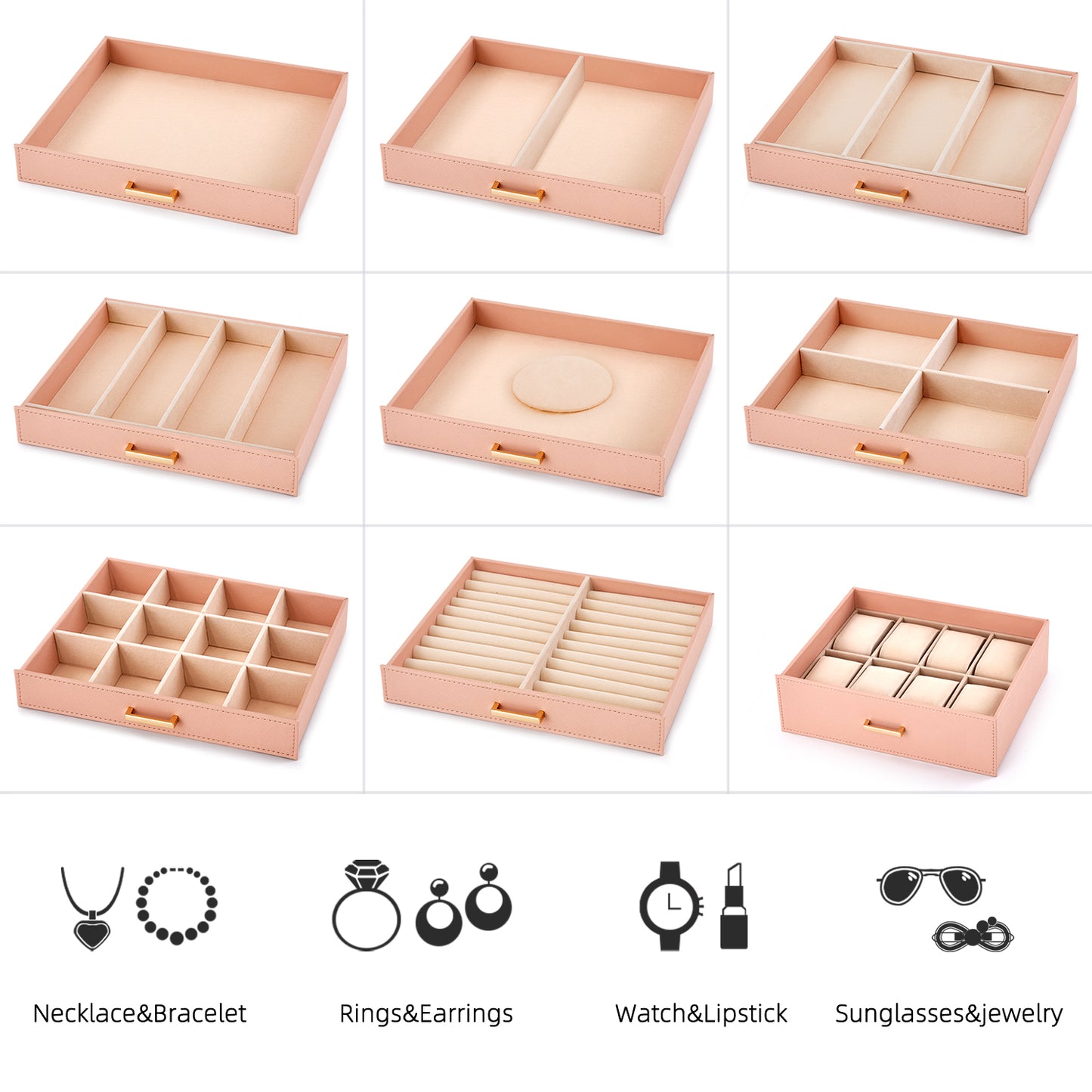 Jewelry Box, Pink/Black/White Color, Large Storage Space, Multi Movable Wide Drawers
