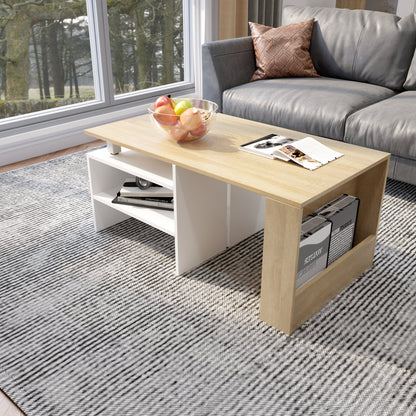 Wood Modern Coffee Table, White and Oak Color, Extendable Adjustable Direction